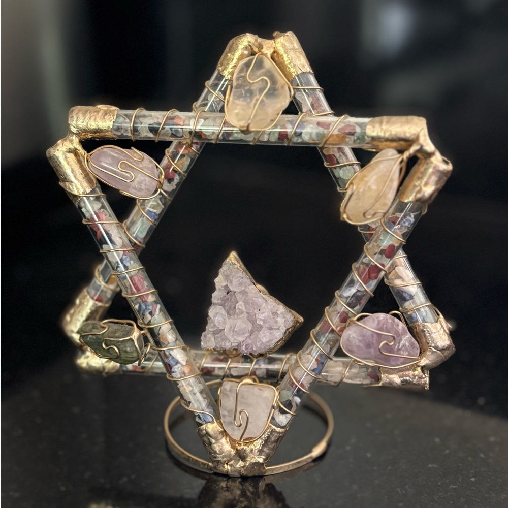 Star Of David Copper Wire Sculpture With Assorted Gemstones